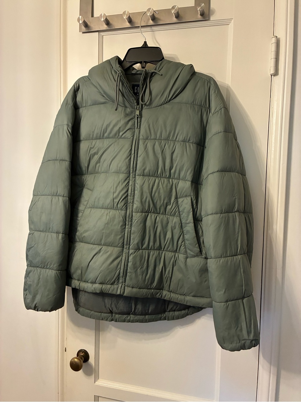 GAP Women Lightweight Hooded Puffer Jacket - color Sage.